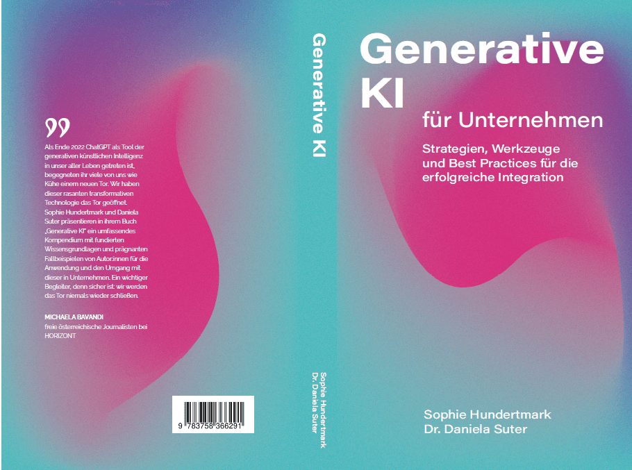 Buchumschlag für 'Generative KI für Unternehmen' mit abstraktem lilafarbenem und blaugrünem Hintergrund mit Farbverlauf.